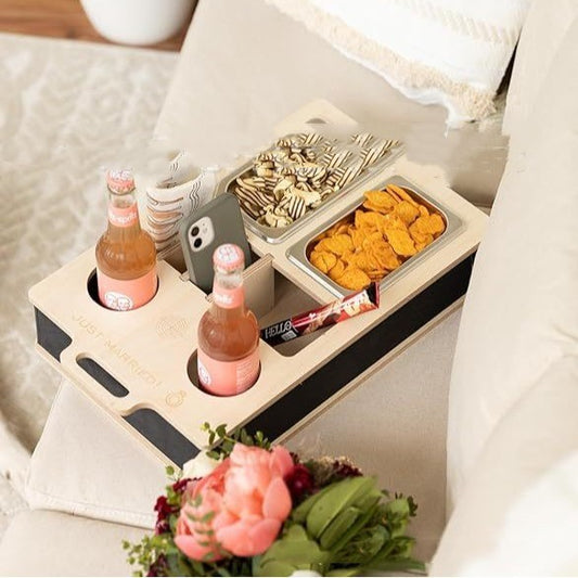 Couchbar con ciotole e portabottiglie per snack e vino, divano Organizer