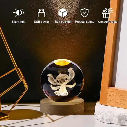 Lampada a Sfera di Cristallo Stich 3D Unica LED Luminosa, dimensione 5cm, Sfera di Cristallo Luce Notturna Regalo di Compleanno