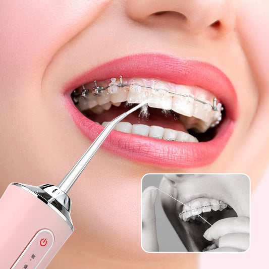 RISE&SHINE Idropulsore dentale elettrico senza fili, irrigatore orale portatile ricaricabile con 4 punte a getto - 3 modalità, flusso d'acqua ad alta pressione, rotazione della punta a 360°, ricarica USB, uso domestico e da viaggio