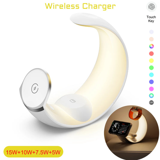 MagSafe Wireless Charger Air Pods Apple Watch Phone Holder For iPhone Samsung iWatch RGB Moon Night Light Bedroom Office Home