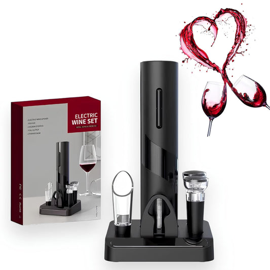 Set di Apribottiglie Elettrico Multifunzione Automatico con Tappo per Vino, Apri Bottiglie, Versatore e Base di Supporto